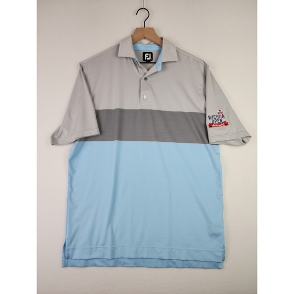 Footjoy Golf Shirt Medium Men Witchita Open Color Block Athletic Fit Blue‎ Grey
